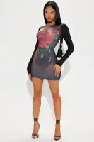 Stylish Red/Combo Mini Dress with Long Sleeves & Front Screen Print - Stretchy Polyester/Spandex Blend
