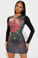 Stylish Red/Combo Mini Dress with Long Sleeves & Front Screen Print - Stretchy Polyester/Spandex Blend(Red/combo,XS)