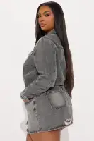 Distressed Denim Mini Dress - Black Wash, Long Sleeve with Button-Up & Pockets(Black Wash,XS)
