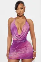 Sexy Purple Mesh Mini Dress - Cowl Neck Halter Backless Stretch Party Outfit