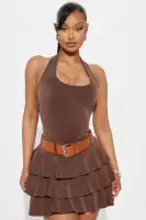 Chic Belted Ruffle Mini Dress - Backless Halter with Tiered Hem in Cream & Brown