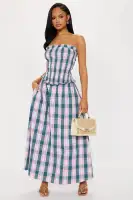 Strapless Plaid Maxi Dress with Smocked Top & Pockets – 100% Cotton, Pink/Combo
