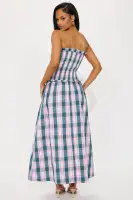 Strapless Plaid Maxi Dress with Smocked Top & Pockets – 100% Cotton, Pink/Combo(Pink/combo,XS)