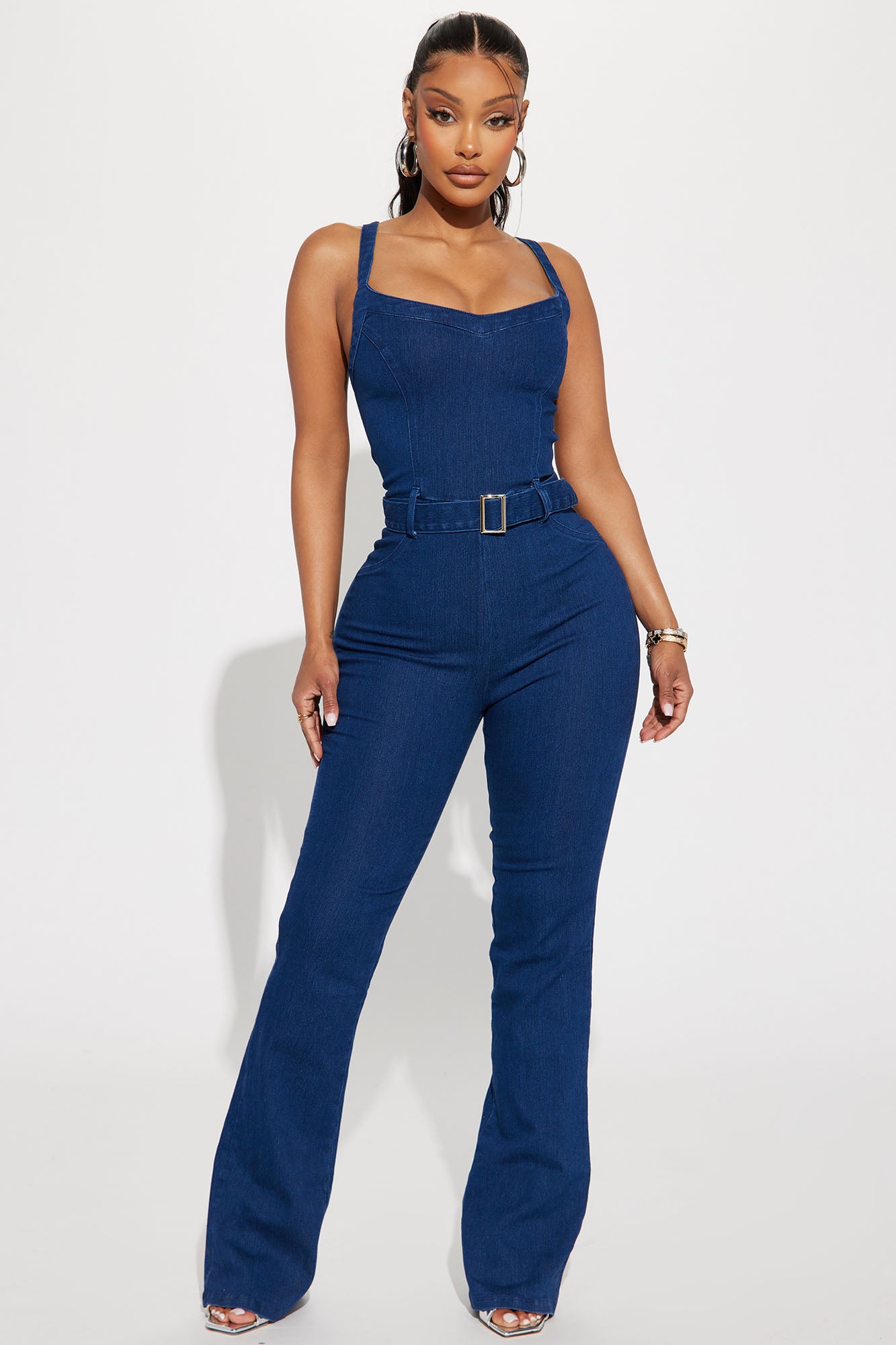 Denim Jumpsuit Spaghetti Straps V-Neckline Belted Backless Zipper Stretch Overalls