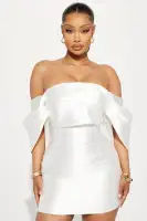 Elegant Off-Shoulder Taffeta Mini Dress with Fold Over Detail - Black & White(White,XS)