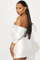 Elegant Off-Shoulder Taffeta Mini Dress with Fold Over Detail - Black & White(White,XS)