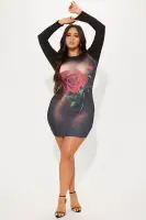 Stylish Red/Combo Mini Dress with Long Sleeves & Front Screen Print - Stretchy Polyester/Spandex Blend(Red/combo,XS)