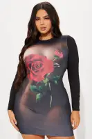 Stylish Red/Combo Mini Dress with Long Sleeves & Front Screen Print - Stretchy Polyester/Spandex Blend(Red/combo,XS)