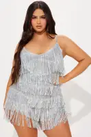 Sparkling Sequin Mini Dress with V-Neck & Fringe Detail – Adjustable Straps in Pink or Silver(Silver,XS)