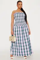 Strapless Plaid Maxi Dress with Smocked Top & Pockets – 100% Cotton, Pink/Combo(Pink/combo,XS)
