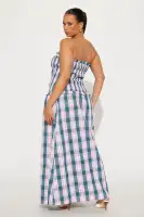 Strapless Plaid Maxi Dress with Smocked Top & Pockets – 100% Cotton, Pink/Combo(Pink/combo,XS)