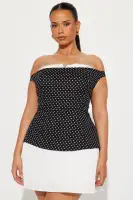 Chic Off-Shoulder Polka Dot Mini Dress - Black/White/Navy, Sleeveless with Pleated Back & Zipper(Black/White,XS)