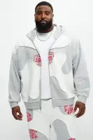 Hooded Full-Zipper Ribbed Trim Cotton-Polyester Blend Jacket(Heather/Combo,S)