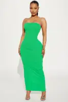 Elegant Ribbed Maxi Dress – Strapless with Slit & Elastic Back – Green, Hot Pink, Pink