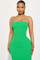 Elegant Ribbed Maxi Dress – Strapless with Slit & Elastic Back – Green, Hot Pink, Pink(Green,S)