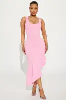 Stylish Textured Midi Dress - Scoop Neck, Sleeveless with Asymmetrical Hem - Available in Red, Green, Black, Pink