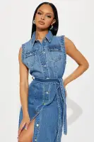 Vintage Wash Denim Maxi Dress - Button Front & Waist Tie - 100% Cotton(Dark Wash,XS)