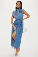 Vintage Wash Denim Maxi Dress - Button Front & Waist Tie - 100% Cotton(Dark Wash,XS)
