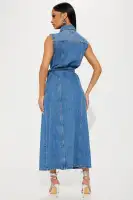 Vintage Wash Denim Maxi Dress - Button Front & Waist Tie - 100% Cotton(Dark Wash,XS)