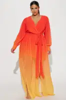 Elegant Teal & Red Ombre Maxi Dress with Long Sleeves, Surplice Tie Waist & High Slit(Tomato Red,XS)