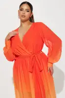 Elegant Teal & Red Ombre Maxi Dress with Long Sleeves, Surplice Tie Waist & High Slit(Tomato Red,XS)