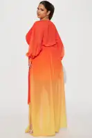 Elegant Teal & Red Ombre Maxi Dress with Long Sleeves, Surplice Tie Waist & High Slit(Tomato Red,XS)