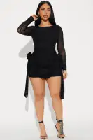 Elegant Black Mesh Mini Dress with High Neck, Long Sleeves & Ruched Rosette Detail – Stretchy & Lined