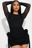 Elegant Black Mesh Mini Dress with High Neck, Long Sleeves & Ruched Rosette Detail – Stretchy & Lined(Black,XS)