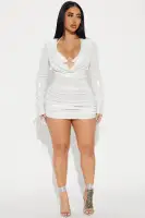 Metallic Mini Cowl Neck Dress with Bikini Top - Silver & Copper, Long Sleeves & Wrist Ties(Silver,XS)