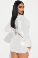 Metallic Mini Cowl Neck Dress with Bikini Top - Silver & Copper, Long Sleeves & Wrist Ties(Silver,XS)