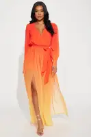 Elegant Teal & Red Ombre Maxi Dress with Long Sleeves, Surplice Tie Waist & High Slit