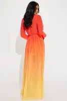 Elegant Teal & Red Ombre Maxi Dress with Long Sleeves, Surplice Tie Waist & High Slit(Tomato Red,XS)