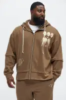 Brown Full Zip Long Sleeve Screen Print Hoodie(Brown,S)