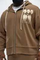 Brown Full Zip Long Sleeve Screen Print Hoodie(Brown,S)