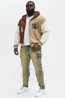 Hooded Embroidered Contrast Panel Long Sleeve Full Zip Casual Jacket(Brown,S)