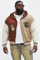 Hooded Embroidered Contrast Panel Long Sleeve Full Zip Casual Jacket(Brown,S)
