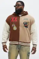 Hooded Embroidered Contrast Panel Long Sleeve Full Zip Casual Jacket(Brown,S)