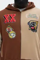 Hooded Embroidered Contrast Panel Long Sleeve Full Zip Casual Jacket(Brown,S)