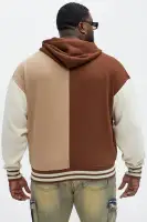 Hooded Embroidered Contrast Panel Long Sleeve Full Zip Casual Jacket(Brown,S)