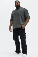Black 3-Button Henley Short Sleeve Screen Print Polyester Imported Top(Black,S)