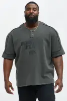 Black 3-Button Henley Short Sleeve Screen Print Polyester Imported Top(Black,S)