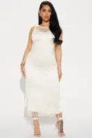 Elegant Beige Crochet Maxi Dress – Sleeveless High Neckline with Stretch Lining