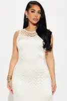Elegant Beige Crochet Maxi Dress – Sleeveless High Neckline with Stretch Lining(Beige,XS)