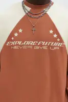 Crew Neck Long Sleeve Cotton-Polyester Printed Top(Brown/combo,S)