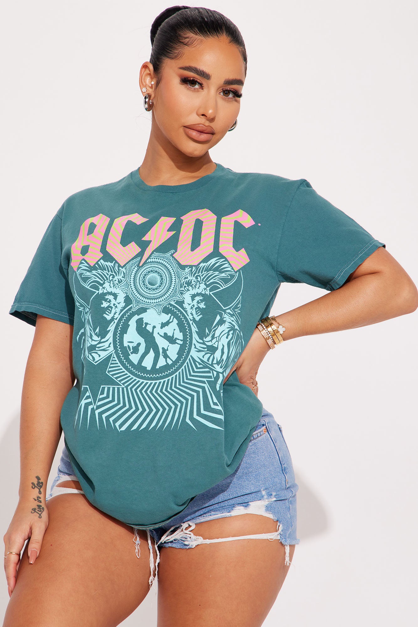 Vintage ACDC Graphic Washed Cotton T-Shirt - Emerald Green Crew Neck Short Sleeve