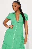 Chic Midi Dress with Puff Sleeves & Tiered Skirt – 65% Cotton, Button-Up Collar – White, Black, Kelly Green(Kelly Green,XS)