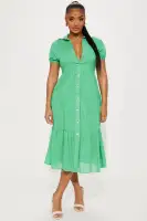 Chic Midi Dress with Puff Sleeves & Tiered Skirt – 65% Cotton, Button-Up Collar – White, Black, Kelly Green
