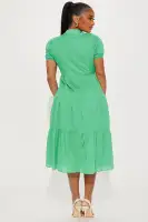 Chic Midi Dress with Puff Sleeves & Tiered Skirt – 65% Cotton, Button-Up Collar – White, Black, Kelly Green(Kelly Green,XS)