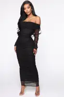 Elegant Ruched Off-Shoulder Maxi Dress - Long Sleeve, Full Lining (Red/Black/White) - Size Up Recommended(Black,XS)