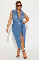 Vintage Wash Denim Maxi Dress - Button Front & Waist Tie - 100% Cotton(Dark Wash,XS)